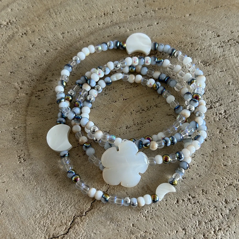 Bracelet multi tours & collier blanc, pierre naturelle Agate & Nacre - bijou 2en1