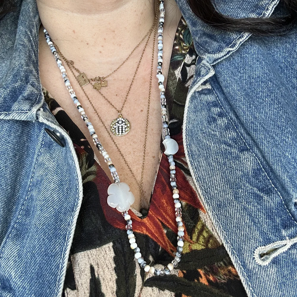 Bracelet multi tours & collier blanc, pierre naturelle Agate & Nacre - bijou 2en1 – Image 4