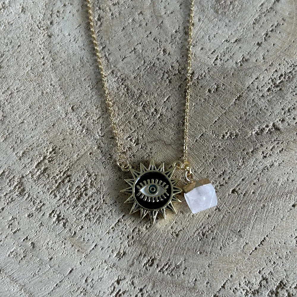 Collier en perles naturelles Quartz Rose et œil noir émaillé – Image 3