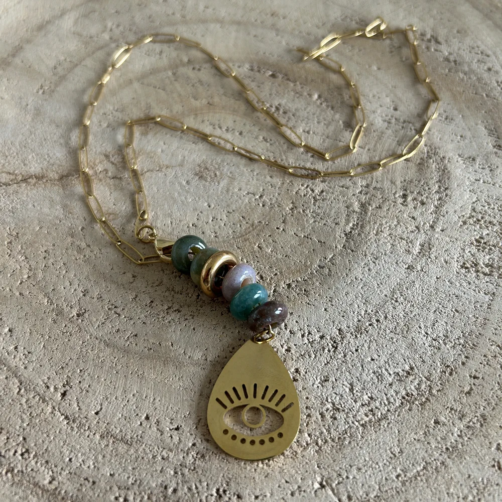 Collier en pierre naturelle Agate indienne, pendentif oeil doré