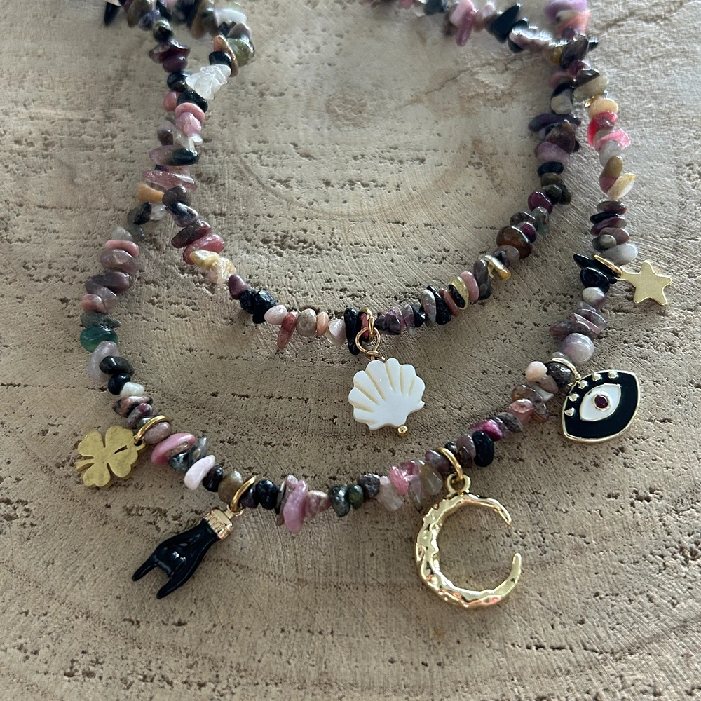 Collier double en pierres naturelles Tourmaline, multi grigris lune dorée