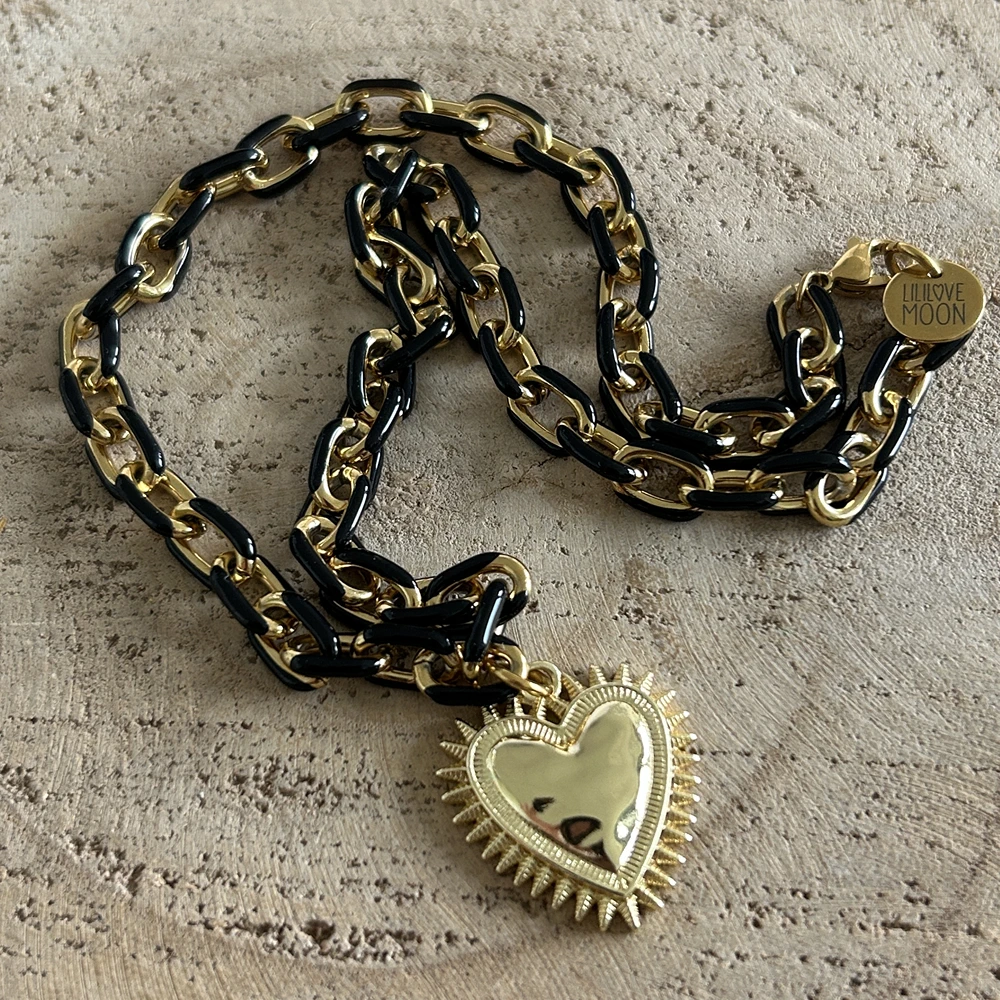 Collier coeur sacré doré, chaîne gros maillons noir Lililovemoon – Image 2