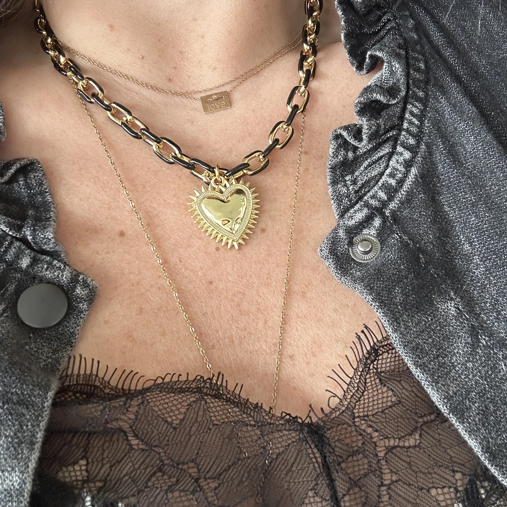 Collier coeur sacré doré, chaîne gros maillons noir Lililovemoon