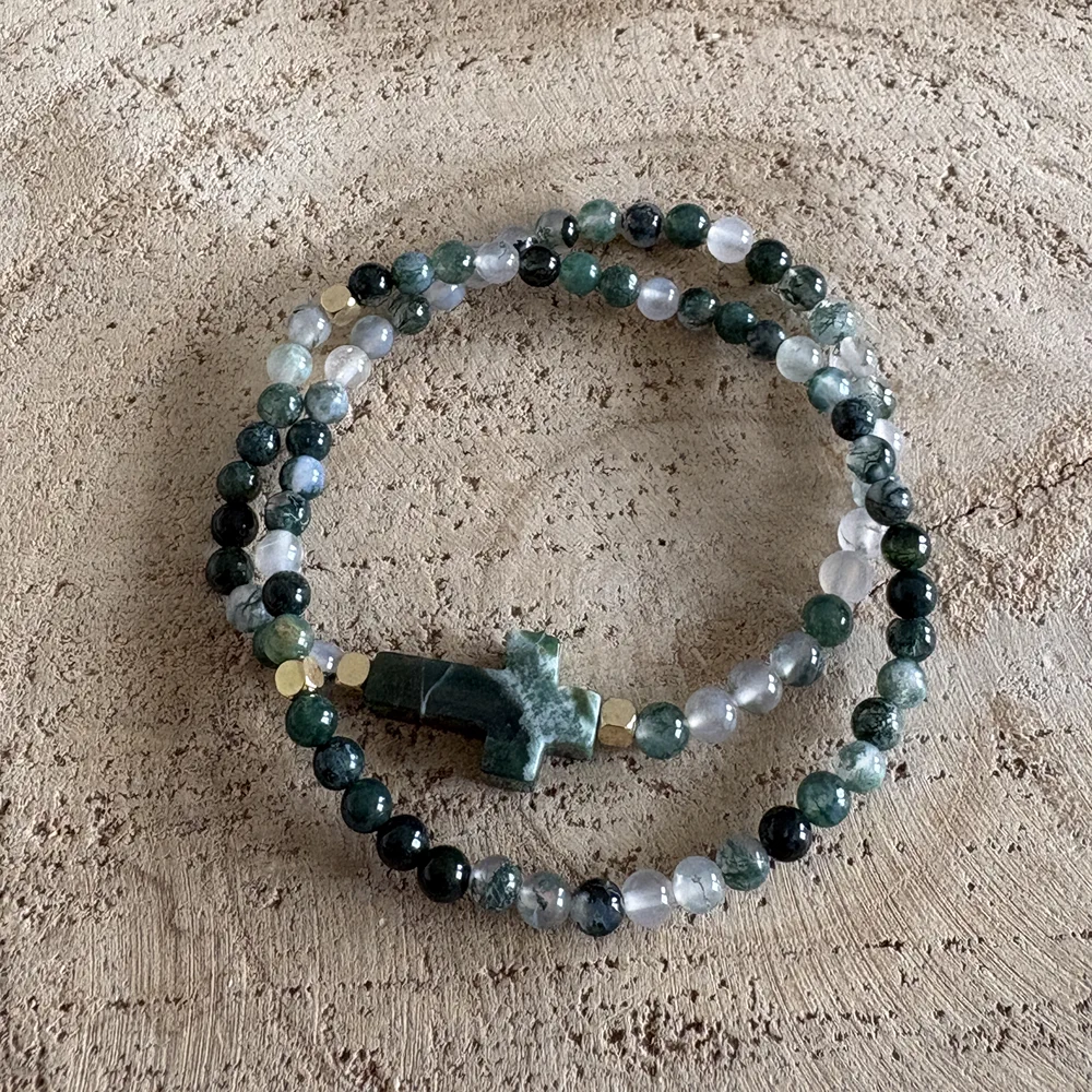 Bracelet double en Agate Mousse & croix en Agate Indienne