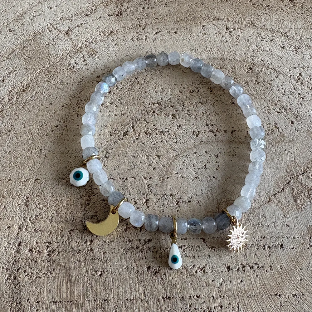 Bracelet Labradorite – Grigris Soleil, Lune & Œil protecteur