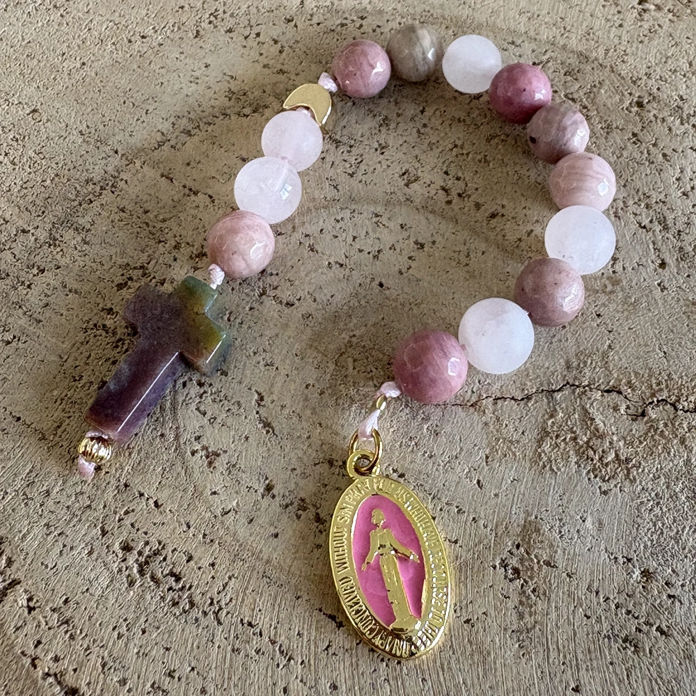 Mini chapelet de poche en Rhodonite & Quartz Rose -  cadeau communion