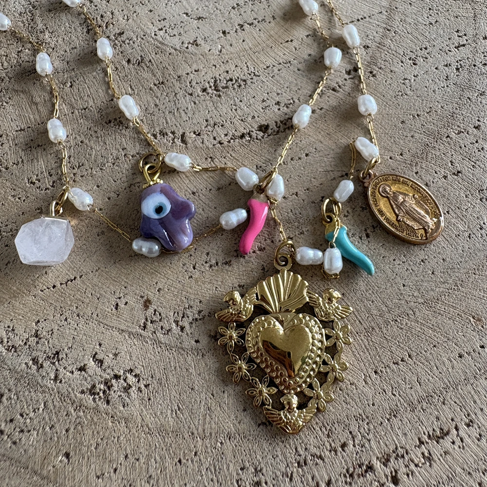 Collier double grigris & Quartz Rose
